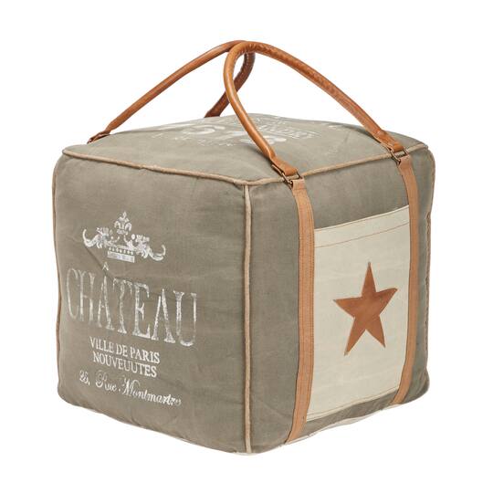 Gray Fabric and Leather Rustic Pouf, 17" x 21" x 21"